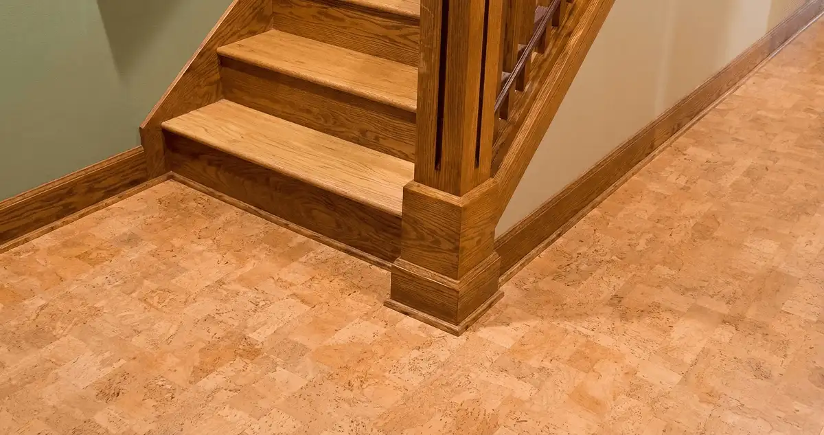 End of a staircase with cork flooring in Fort Collins, CO