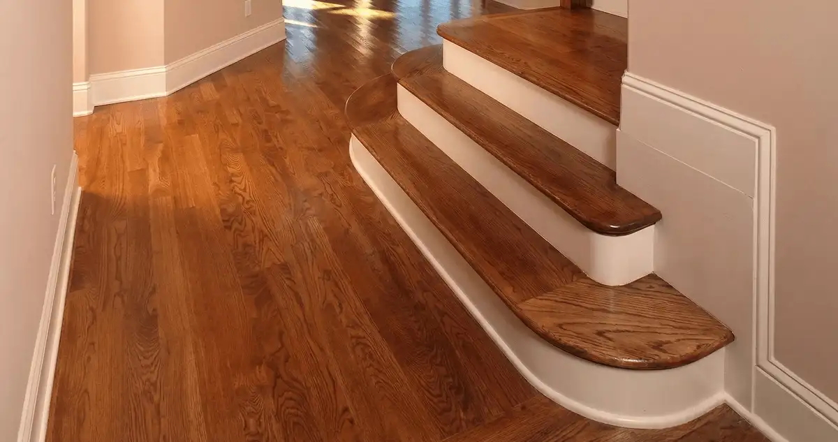 Base floor of a staircase with professionally restored wood flooring in Fort Collins CO