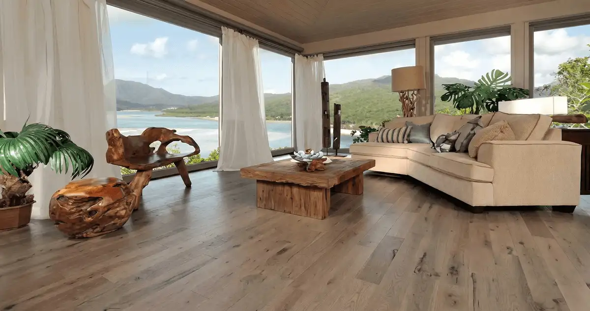 Professionally installed vinyl flooring in a modern living room with large windows in Fort Collins, CO